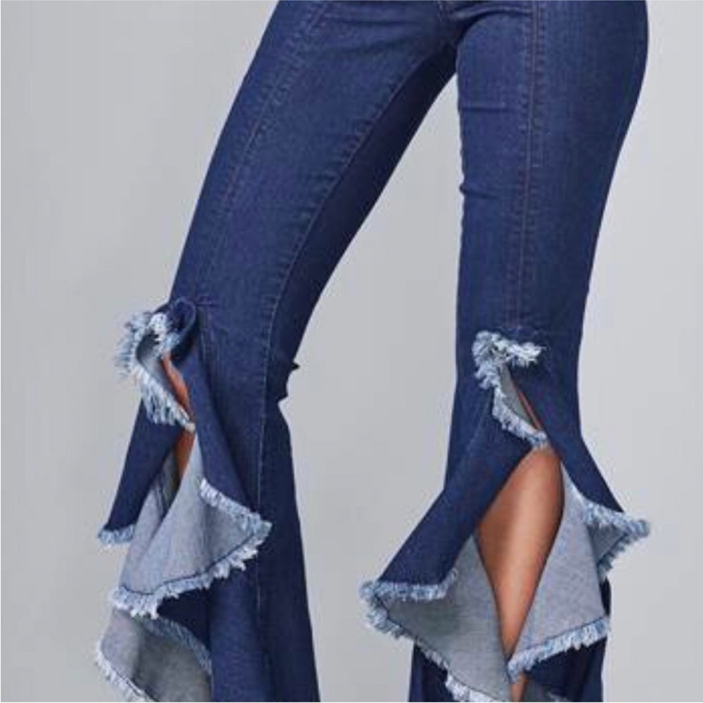 VENUS stretch dark blue high ruffle slit leg 5 pocket flared fitted denim Jeans - Picture 4 of 12